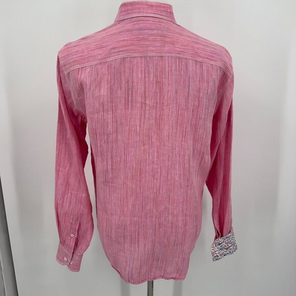 Bugatchi Men's Shirt 100% Linen L Large Pink Striped Long Sleeve Button-Down Sha - Picture 3 of 8